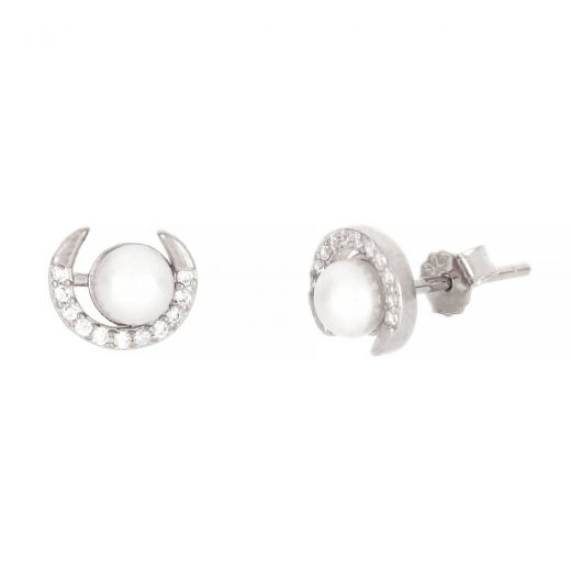 925 Sterling Silver stud earrings rhodium plated, with white cubic zirconia and a fresh water pearl