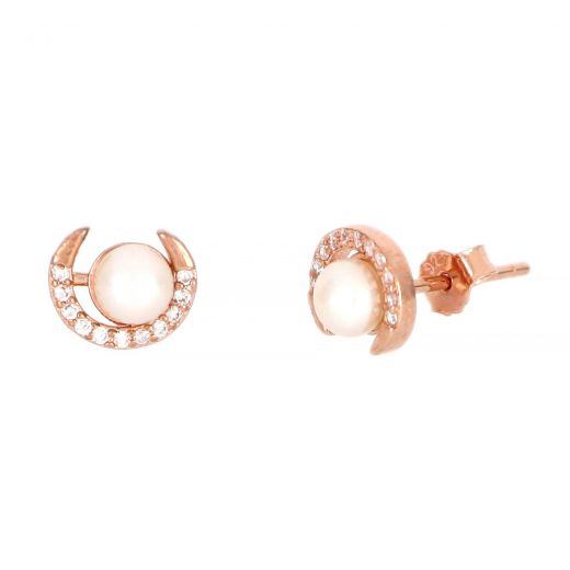 925 Sterling Silver stud earrings rose gold plated with white cubic zirconia and a fresh water pearl 8x7mm