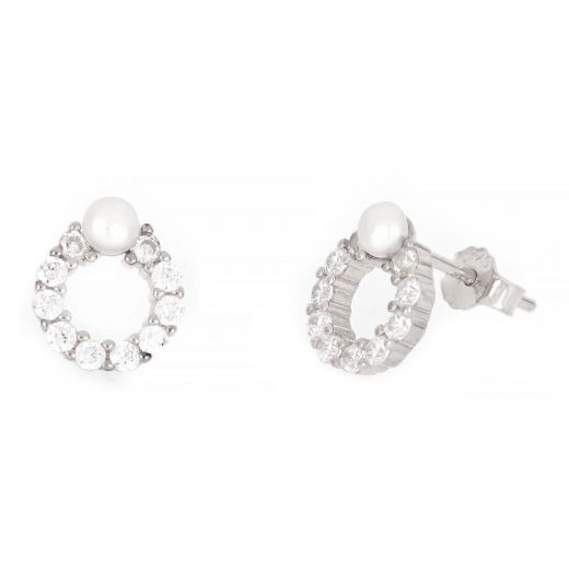 925 Sterling Silver stud earrings rhodium plated, with white cubic zirconia and a fresh water pearl 9mm