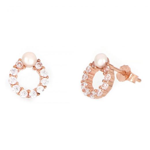 925 Sterling Silver stud earrings rose gold plated with white cubic zirconia and a fresh water pearl 9mm