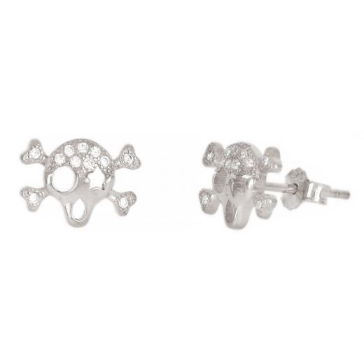 925 Sterling Silver stud earrings rhodium plated with white cubic zirconia and skulls design