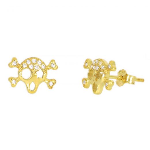 925 Sterling Silver stud earrings gold plated with white cubic zirconia and skulls design