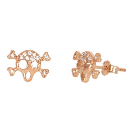 925 Sterling Silver stud earrings rose gold plated with white cubic zirconia and skulls design