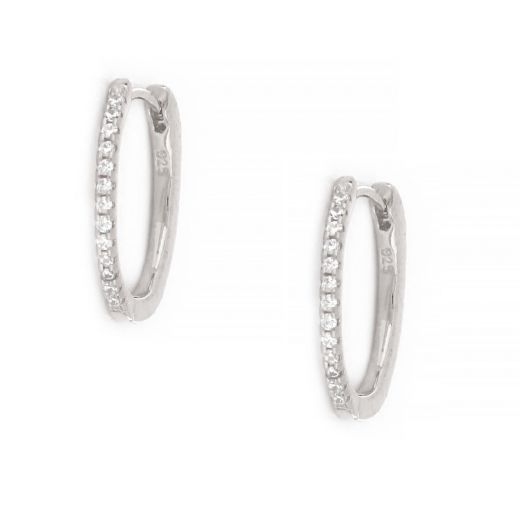 925 Sterling Silver small hoop earrings rhodium plated with white cubic zirconia 15mm
