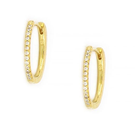 925 Sterling Silver small hoop stud earrings gold plated with white cubic zirconia 15mm