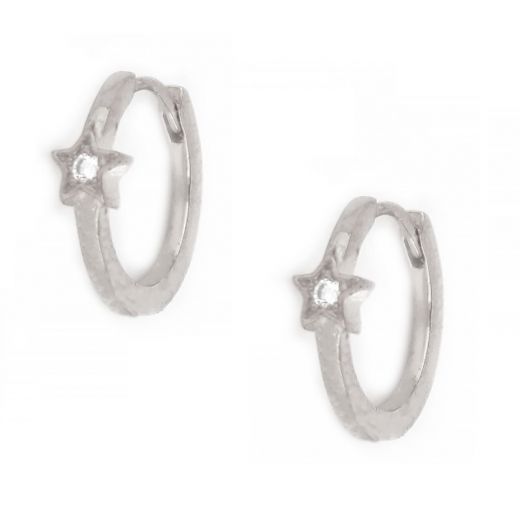 925 Sterling Silver small hoop earrings rhodium plated with star design and white cubic zirconia
