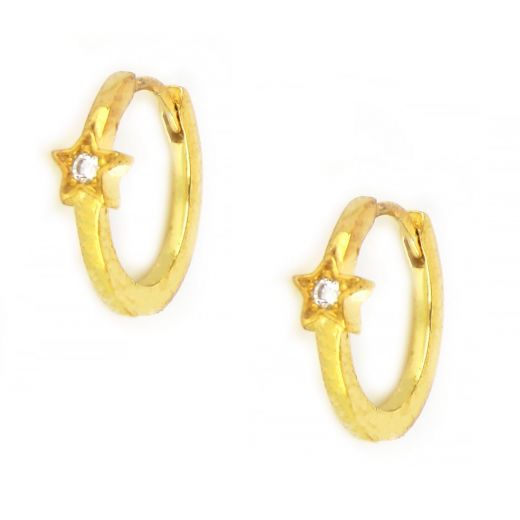925 Sterling Silver small hoop earrings gold plated with star design and white cubic zirconia