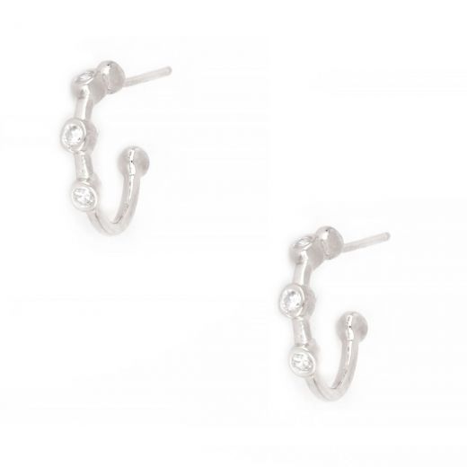 925 Sterling Silver stud earrings rhodium plated with white cubic zirconia and a hoop-like design