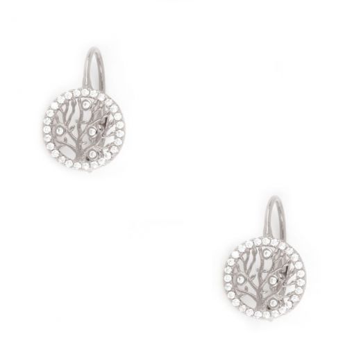 925 Sterling Silver earrings rhodium plated with trees of life and white cubic zirconia 11mm