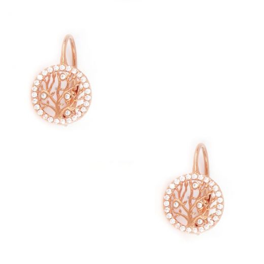 925 Sterling Silver earrings rose gold plated with trees of life and white cubic zirconia 11mm