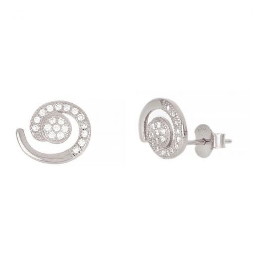 Ασημένια σκουλαρίκια καρφωτά με λευκά ζιργκόν και σχέδιο σπείρα 11x9mm