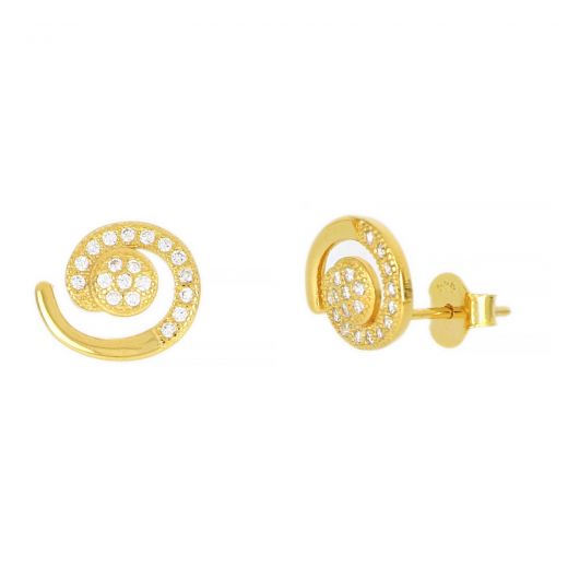 925 Sterling Silver stud earrings gold plated with white zirconia and spiral design 11x9mm