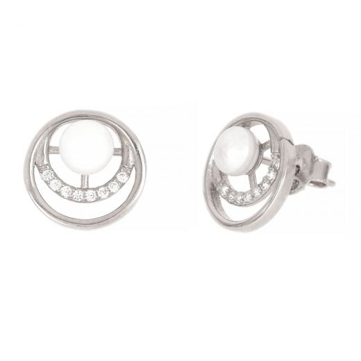 925 Sterling Silver stud earrings rhodium plated with white zirconia and a fresh water pearl in the center 11mm
