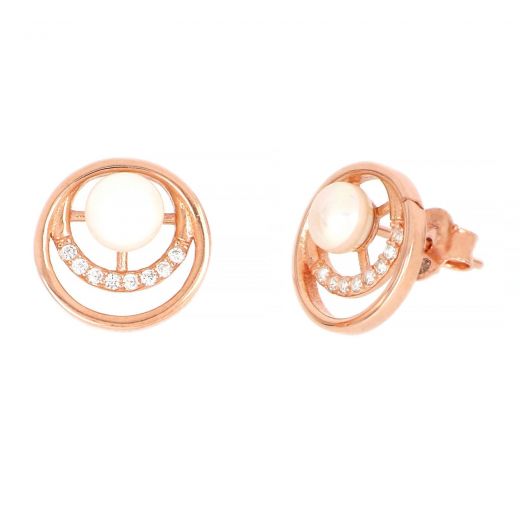 925 Sterling Silver stud earrings rose gold plated with white zirconia and a fresh water pearl in the center 11mm