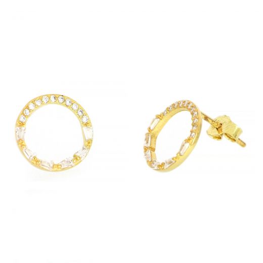 925 Sterling Silver stud earrings gold plated with circle design and white cubic zirconia 11mm