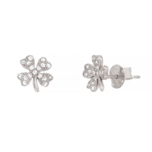 925 Sterling Silver earrings rhodium plated with four leaf clovers design and white cubic zirconia