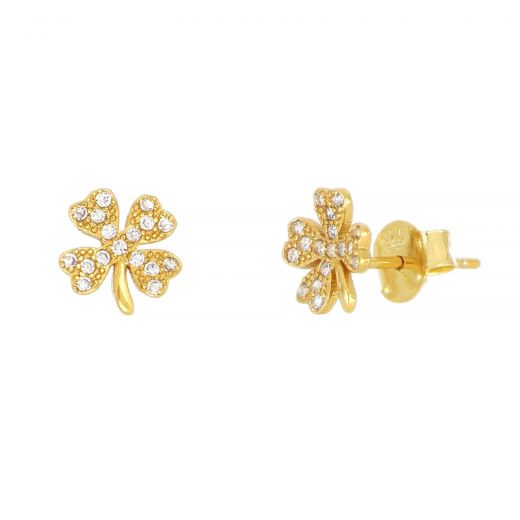 925 Sterling Silver stud earrings gold plated with four leaf clovers and white cubic zirconia