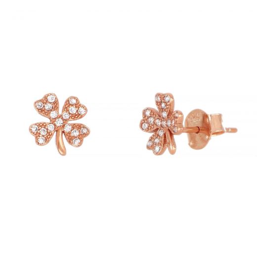 925 Sterling Silver stud earrings rose gold plated with four leaf clovers and white cubic zirconia