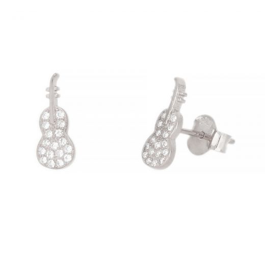 Ασημένια σκουλαρίκια καρφωτά επιροδιωμένα με σχέδιο βιολί και λευκά ζιργκόν