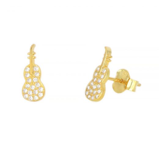 925 Sterling Silver stud earrings gold plated with violins design and white cubic zirconia