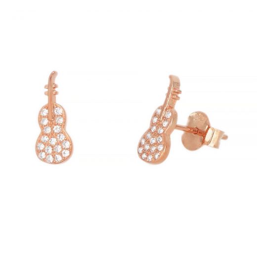 925 Sterling Silver stud earrings rose gold plated with white cubic zirconia and violins 12x5mm
