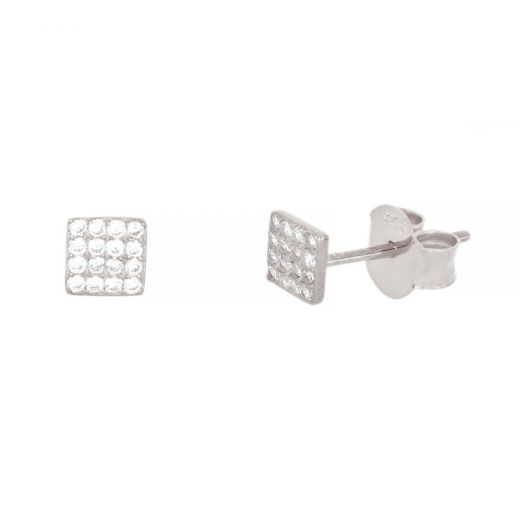 Ασημένια σκουλαρίκια καρφωτά επιροδιωμένα με γεωμετρικό σχέδιο και λευκά ζιργκόν