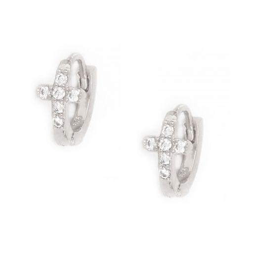 925 Sterling Silver small hoop earrings rhodium plated with a cross and white cubic zirconia