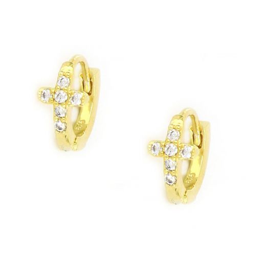 925 Sterling Silver small hoop earrings gold plated with a cross in the center and white cubic zirconia