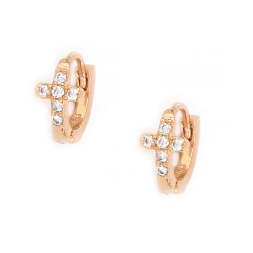 925 Sterling Silver small hoop earrings rose gold plated with crosses in the center and white cubic zirconia
