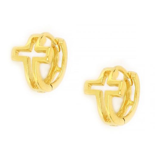 925 Sterling Silver small hoop earrings gold plated with a cross