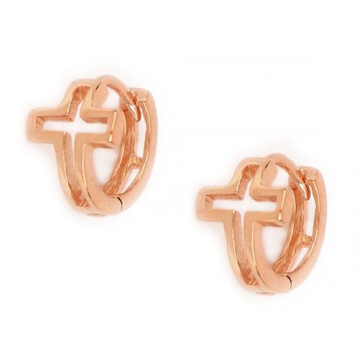 925 Sterling Silver small hoop earrings rose gold plated with a cross