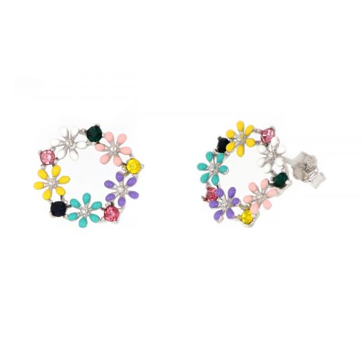 925 Sterling Silver stud earrings rhodium plated with multicolored flower wreath and cubic zirconia
