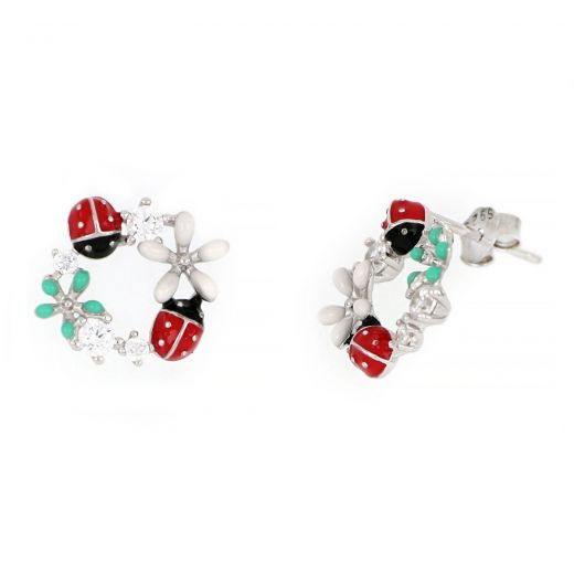 925 Sterling Silver stud earrings rhodium plated with flowers, ladybird beetles and cubic zirconia