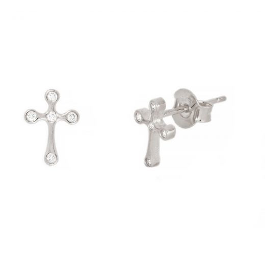 Ασημένια σκουλαρίκια καρφωτά με λευκά ζιργκόν και σχέδιο σταυρό