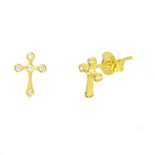 925 Sterling Silver stud earrings gold plated with white cubic zirconia and a cross design