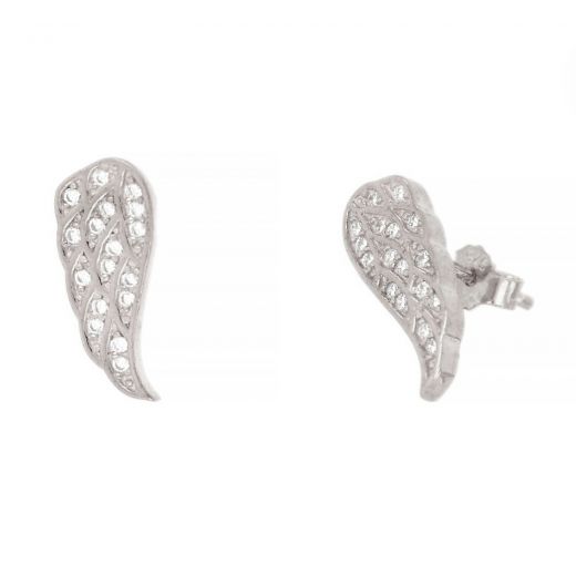 925 Sterling Silver stud earrings rhodium plated with white cubic zirconia and angel wings design