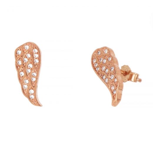 925 Sterling Silver stud earrings rose gold plated with white cubic zirconia and angel wings design
