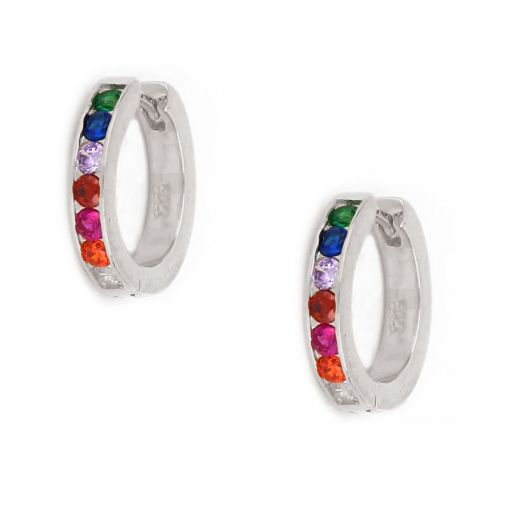 925 Sterling Silver small hoop earrings rhodium plated with multicolored cubic zirconia