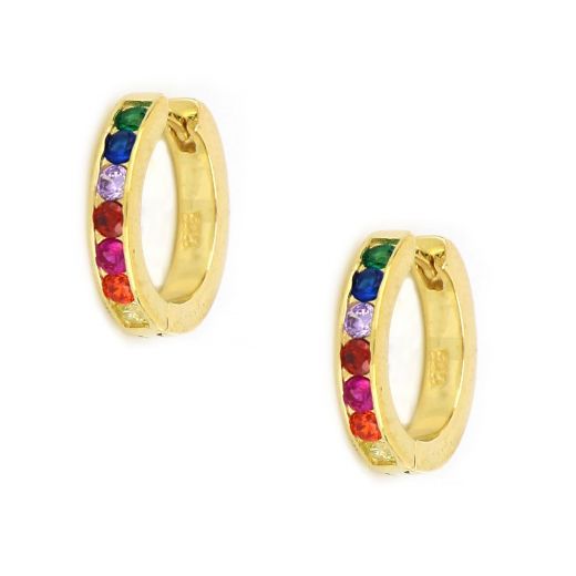 925 Sterling Silver small hoop earrings gold plated with multicolored cubic zirconia
