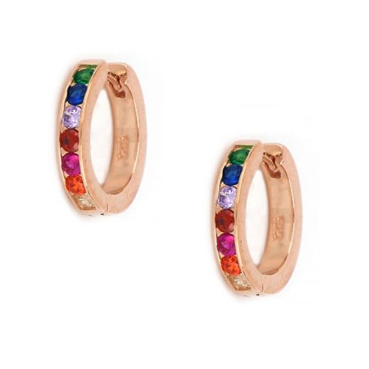 925 Sterling Silver small hoop earrings rose gold plated with multicolored cubic zirconia
