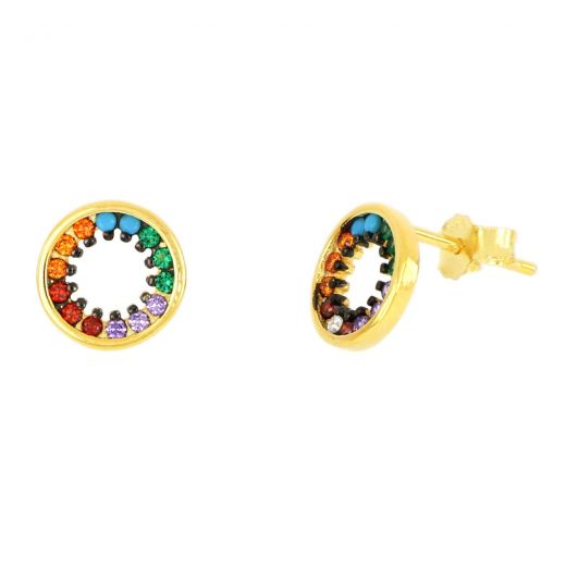 925 Sterling Silver stud earrings gold plated with a circle design and multicolored cubic zirconia