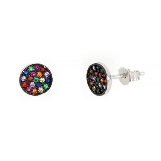 925 Sterling Silver stud earrings rhodium plated with circle design and multicolored cubic zirconia