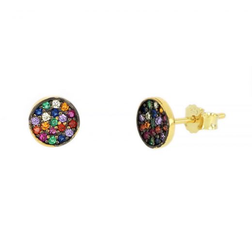 925 Sterling Silver stud earrings gold plated with geometrical design and multicolored cubic zirconia