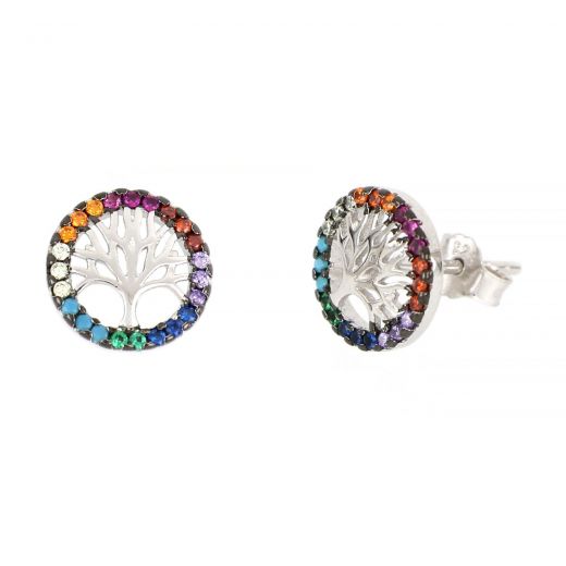 925 Sterling Silver stud earrings rhodium plated with tree of life and wreath with multicolored cubic zirconia