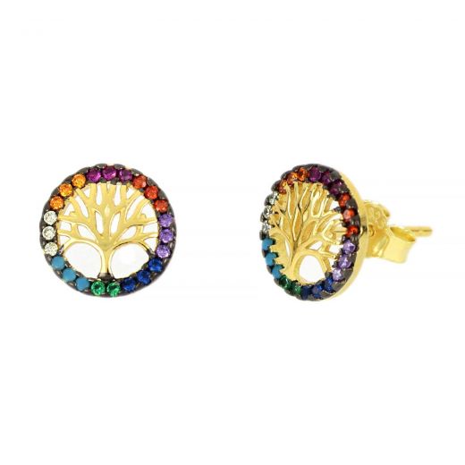 925 Sterling Silver stud earrings gold plated with tree of life design and multicolored cubic zirconia