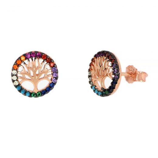 925 Sterling Silver stud earrings rose gold plated with tree of life and multicolored cubic zirconia