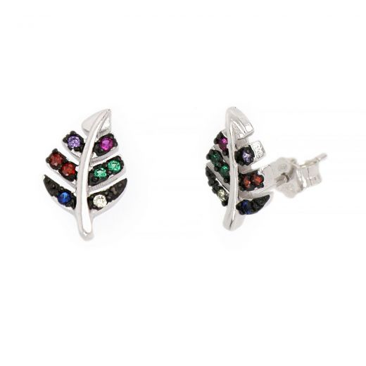 925 Sterling Silver stud earrings rhodium plated with leaf design and multicolored cubic zirconia
