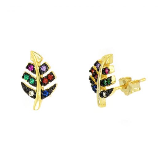 925 Sterling Silver stud earrings gold plated with leaf design and multicolored cubic zirconia