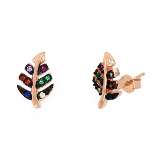 925 Sterling Silver stud earrings rose gold plated with leaf design and multicolored cubic zirconia