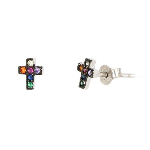 Ασημένια σκουλαρίκια καρφωτά με πολύχρωμα ζιργκόν και σχέδιο σταυρό